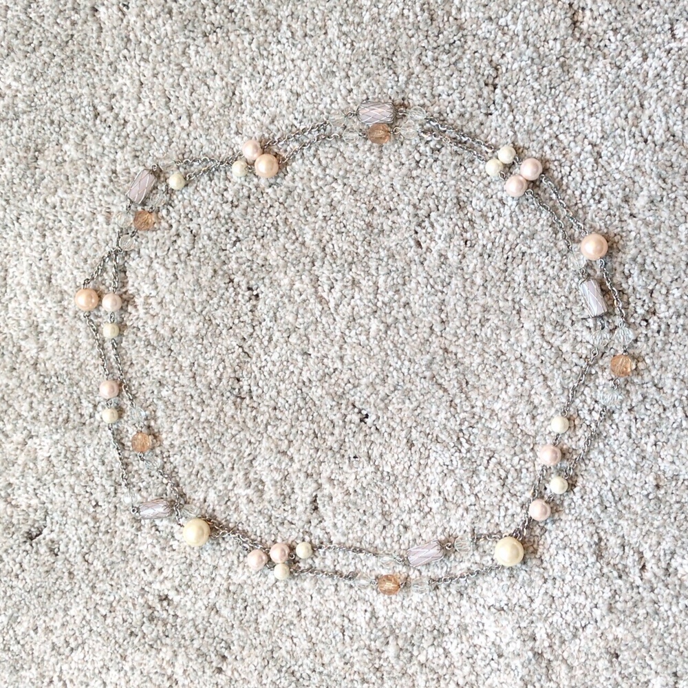 Long silver faux pearl Beaded necklace